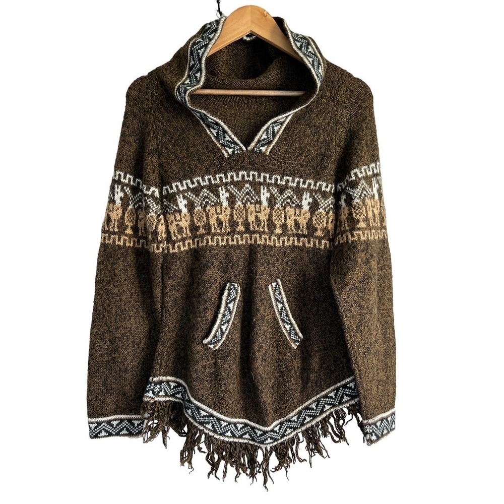 Alpaca‎ Exotic Imports Size Small Handmade Alpaca Hooded Tasseled Sweater Brown